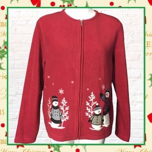 Christmas Red Fleece Zip Up Snowmen Jacket